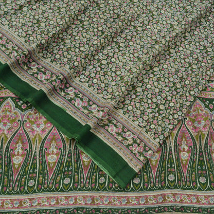 Indian Vintage Green Saree Printed Pure Cotton Sari Craft Fabric Soft 5Yd Sewing Sarong Wrap Boho Floral Dress making Crafting Quilting