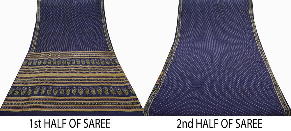 Indian Vintage Blue Saree Pure Crepe Silk Printed Sari 5yd Sewing Floral Soft Craft Fabric Wrap Dress making Crafting Quilting Upcycle