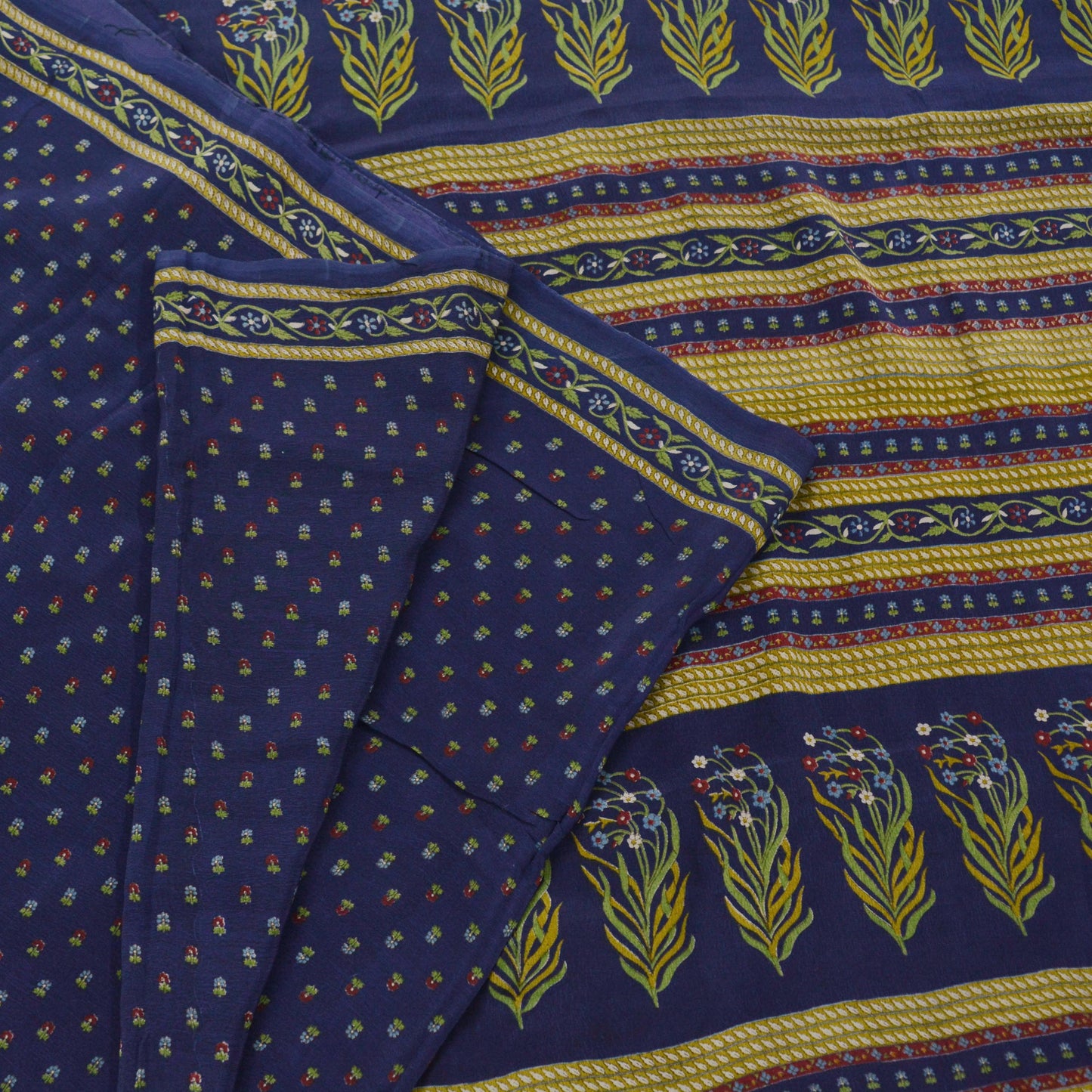 Indian Vintage Blue Saree Pure Crepe Silk Printed Sari 5yd Sewing Floral Soft Craft Fabric Wrap Dress making Crafting Quilting Upcycle