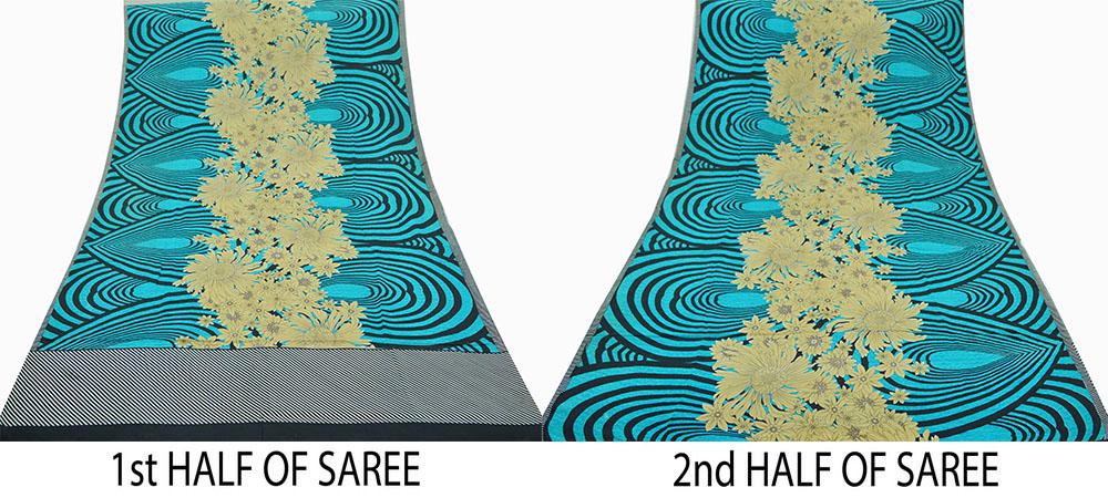 Indian Vintage Sari Blue & Black Pure Crepe Silk Printed Sarees 5yd Sewing Floral Craft Fabric Wrap Quilting Upcycle Crafting Dress making