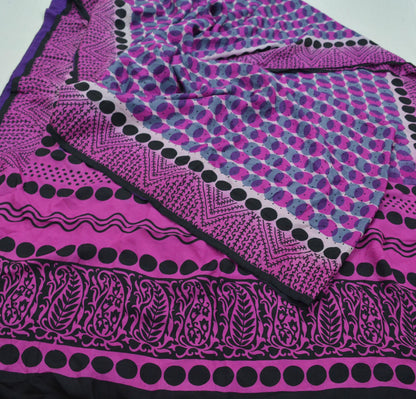 Indian Vintage Purple & Black Saree 100% Pure Silk Printed Sari Craft Fabric 6yd Sewing Dress Making Soft Floral Crafting Quilting Upcycle