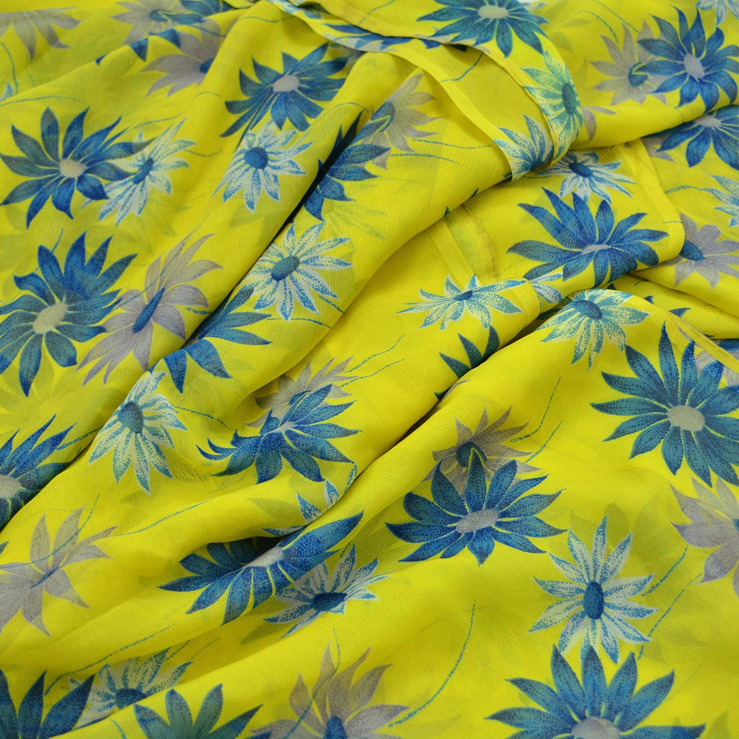 Vintage Sari Yellow & Green 100% Pure Chiffon Silk Printed Sarees Sewing 5yd Craft Fabric Soft Dress Designing for Crafting Floral