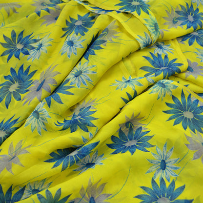 Vintage Sari Yellow & Green 100% Pure Chiffon Silk Printed Sarees Sewing 5yd Craft Fabric Soft Dress Designing for Crafting Floral