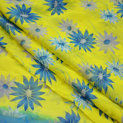 Vintage Sari Yellow & Green 100% Pure Chiffon Silk Printed Sarees Sewing 5yd Craft Fabric Soft Dress Designing for Crafting Floral