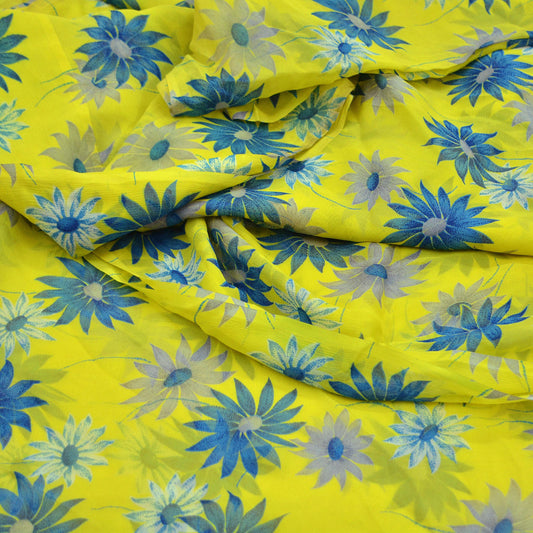 Vintage Sari Yellow & Green 100% Pure Chiffon Silk Printed Sarees Sewing 5yd Craft Fabric Soft Dress Designing for Crafting Floral