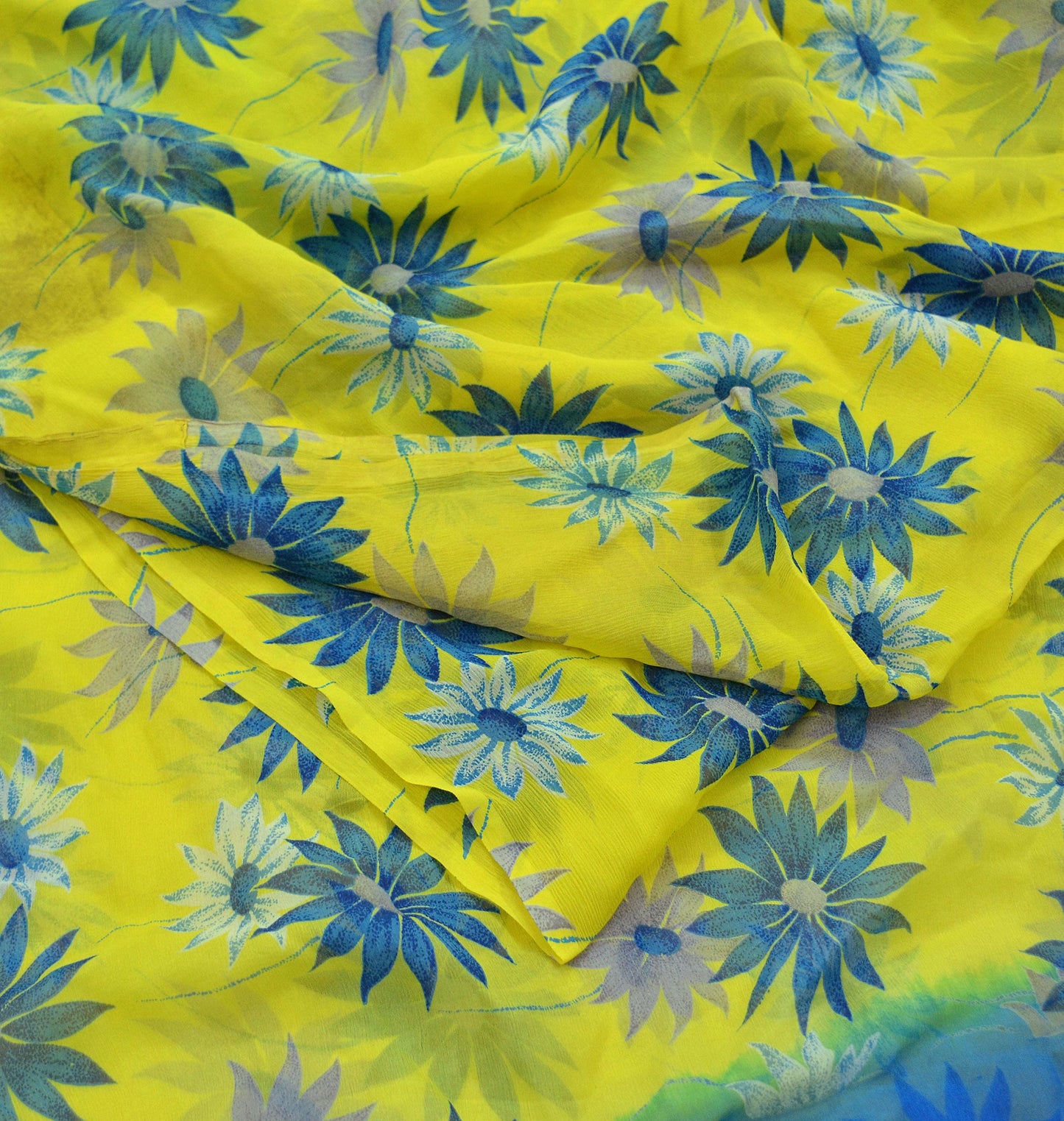 Vintage Sari Yellow & Green 100% Pure Chiffon Silk Printed Sarees Sewing 5yd Craft Fabric Soft Dress Designing for Crafting Floral