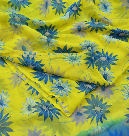 Vintage Sari Yellow & Green 100% Pure Chiffon Silk Printed Sarees Sewing 5yd Craft Fabric Soft Dress Designing for Crafting Floral