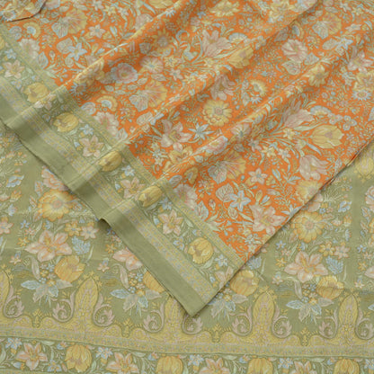 EXCELLENT QUALITY Indian Vintage Orange & Green Saree Pure Crepe Silk Printed Sari Craft Fabric 5yd Sewing Floral Soft Wrap Dress making