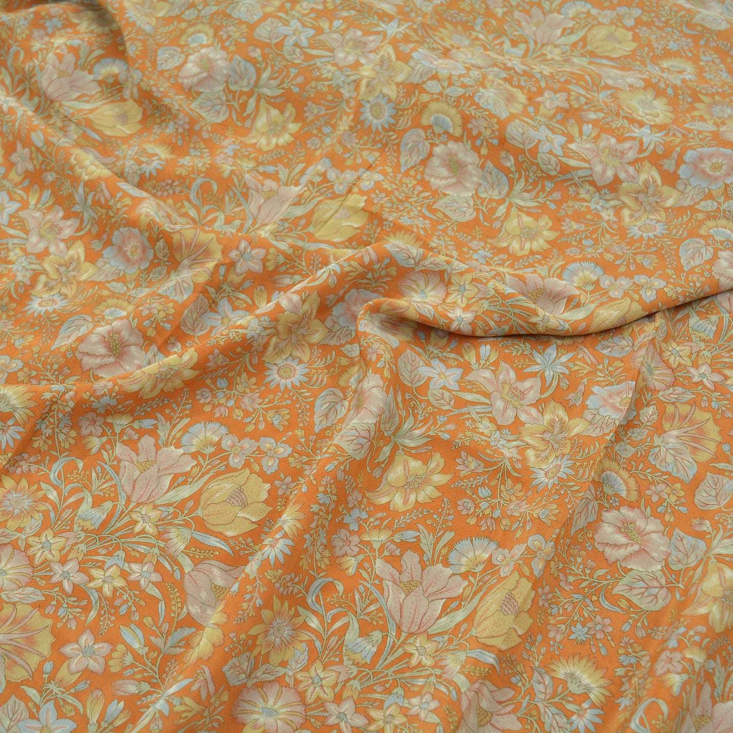 EXCELLENT QUALITY Indian Vintage Orange & Green Saree Pure Crepe Silk Printed Sari Craft Fabric 5yd Sewing Floral Soft Wrap Dress making