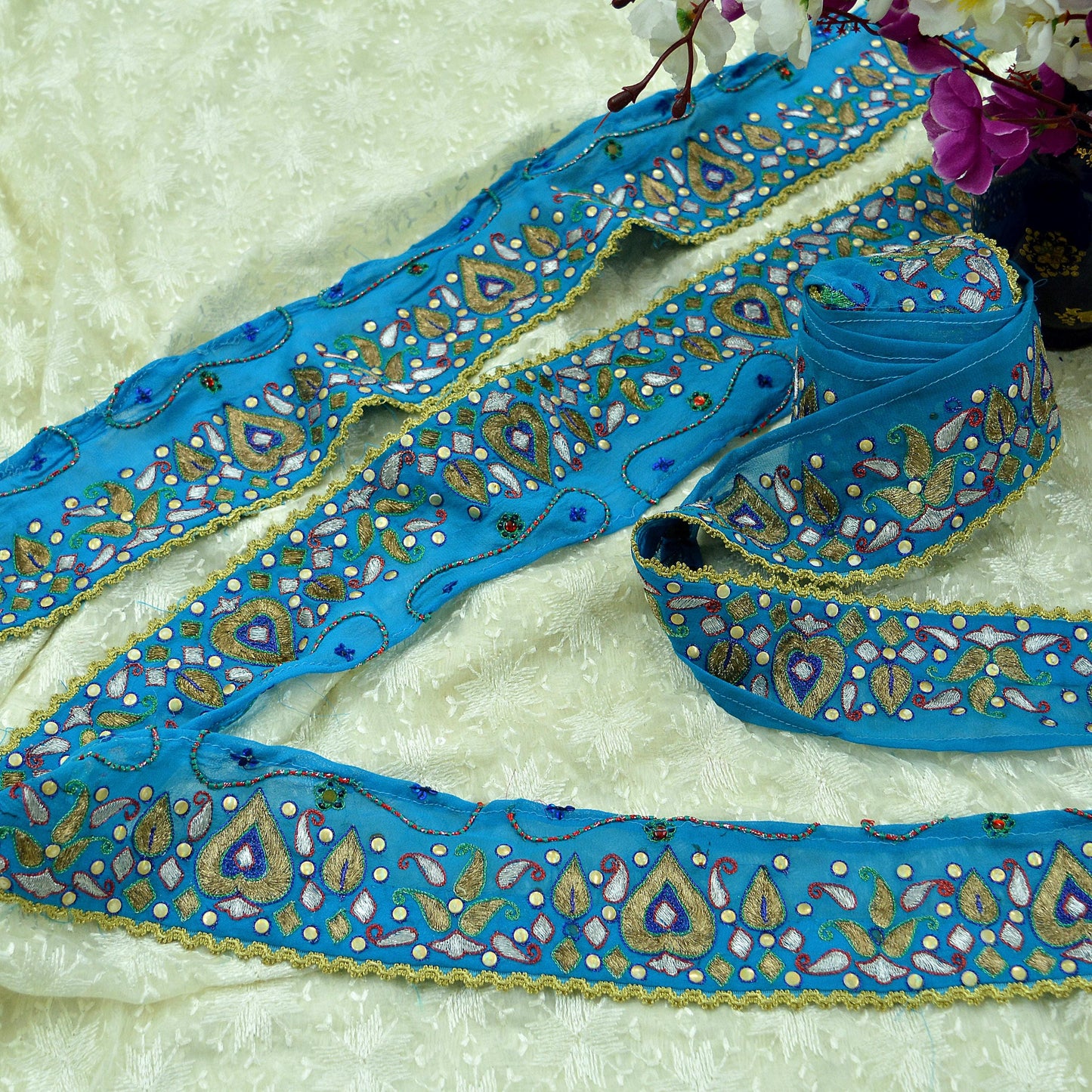 Indian Vintage Blue Sari Border Hand Embroidered Craft Trim Lace Sewing Pure Georgette Silk Ribbon Recycled Zardozi