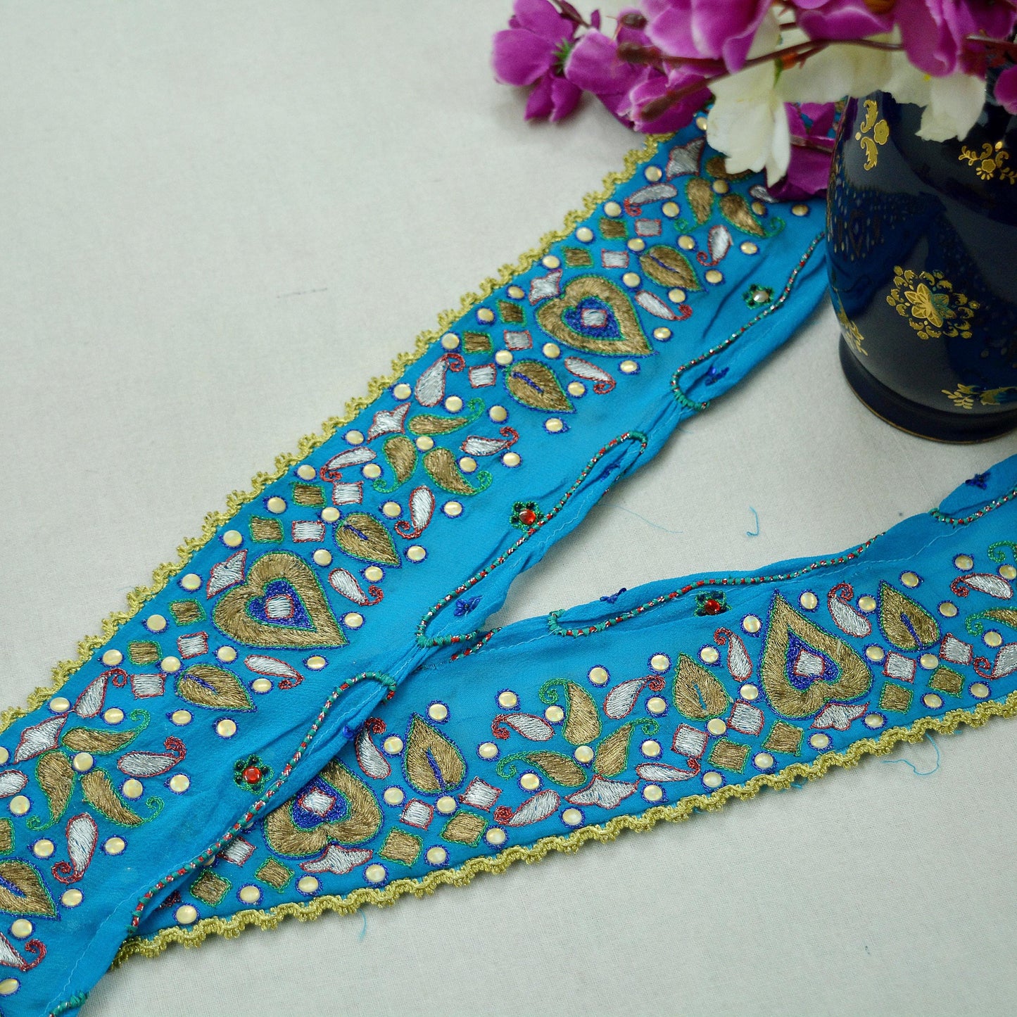 Indian Vintage Blue Sari Border Hand Embroidered Craft Trim Lace Sewing Pure Georgette Silk Ribbon Recycled Zardozi