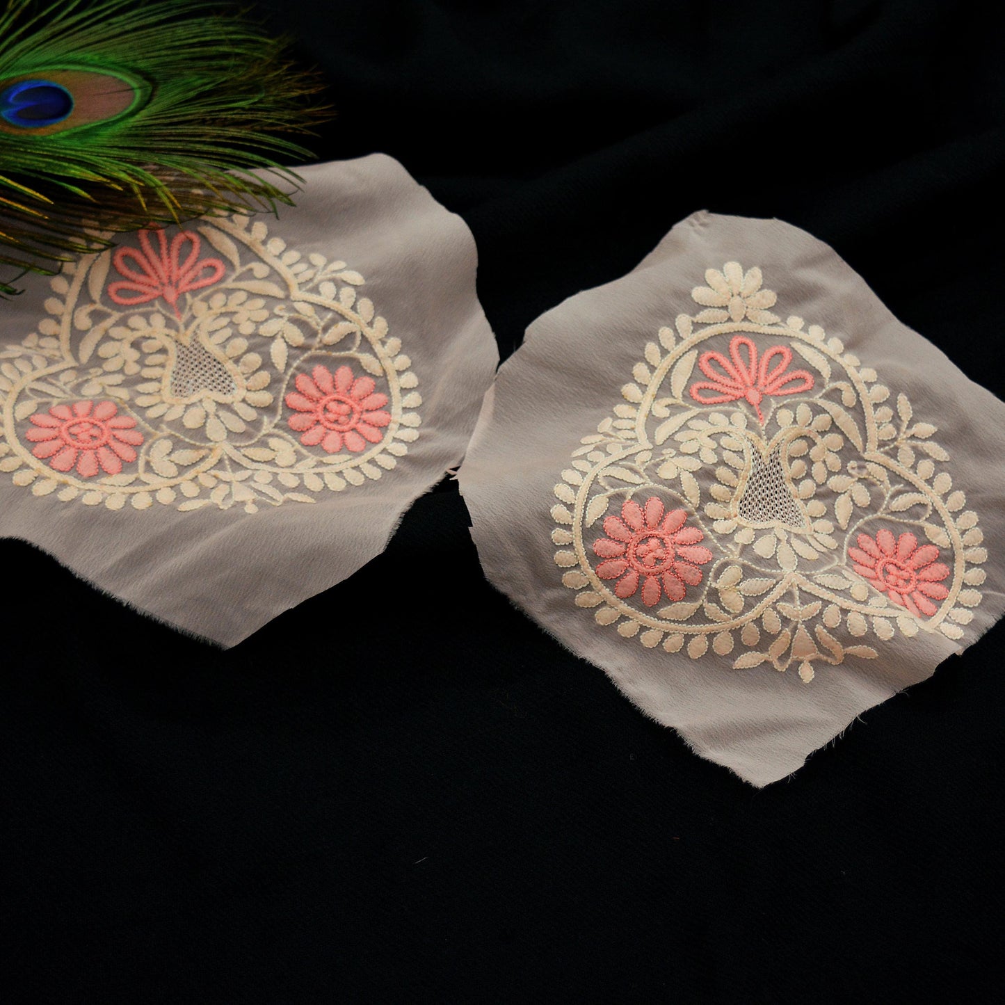 Indian Vintage 2 Pcs Rare Appliques Pink Georgette Applique VERY OLD ANTIQUE Vintage Hand Embroidered Chikankari Snippets Craft Journals