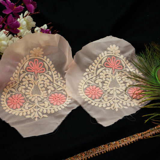 Indian Vintage 2 Pcs Rare Appliques Pink Georgette Applique VERY OLD ANTIQUE Vintage Hand Embroidered Chikankari Snippets Craft Journals