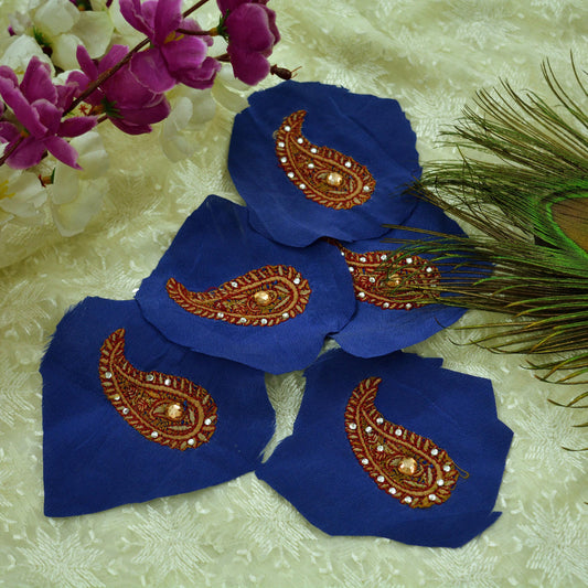 Indian Vintage 5 Pcs Rare Appliques Blue Pure Crepe silk Applique VERY OLD ANTIQUE Vintage Embroidered Snippets Remnants Craft Journals