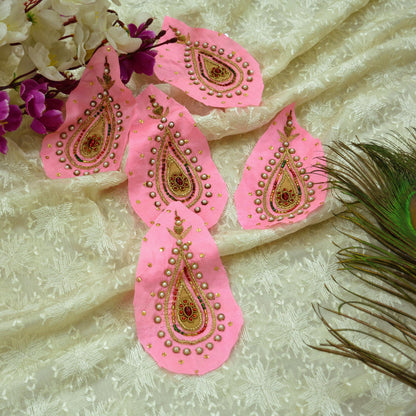 Vintage 5 Pcs Appliques Pink Sari Pure Silk Applique VERY OLD ANTIQUE Vintage Hand Embroidered Snippets Remnants Craft Journals India Rare