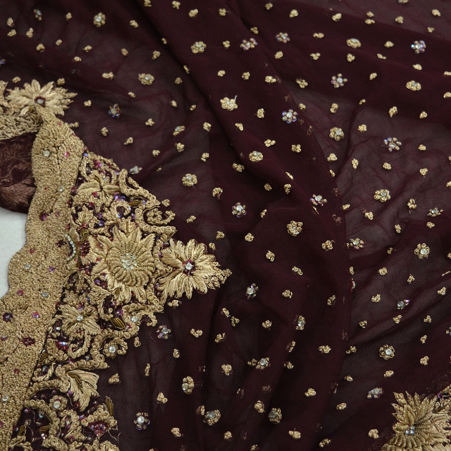 Indian Vintage Heavy Wedding Maroon Dupatta Net Mesh Long Stole Hand Embroidered Scarves Golden Zardozi Zari Sequins Dridal Veil Hijab