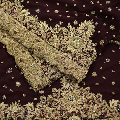 Indian Vintage Heavy Wedding Maroon Dupatta Net Mesh Long Stole Hand Embroidered Scarves Golden Zardozi Zari Sequins Dridal Veil Hijab