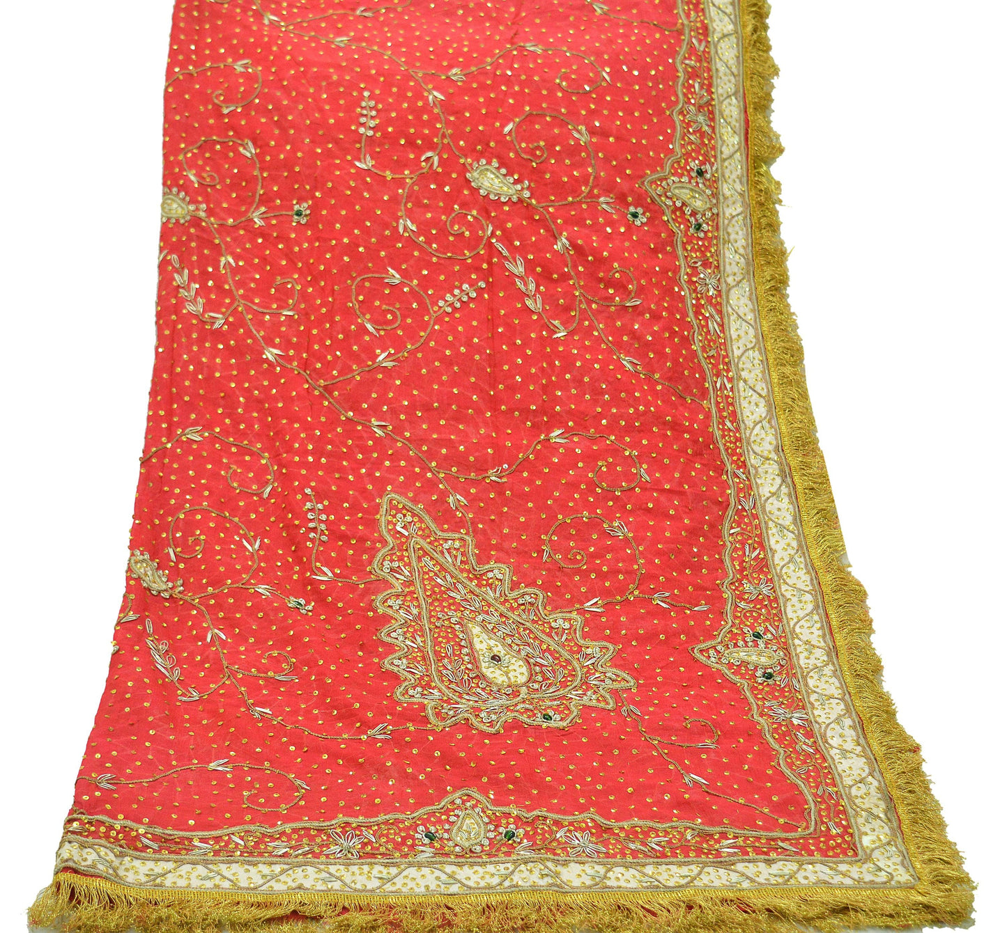 Indian Vintage Heavy Bridal Dupatta Red Pure Chiffon Silk Long Stole Hand Embroidered Hijab Scarf Zardozi/Dabka Zari 1980s Wedding Dupatta