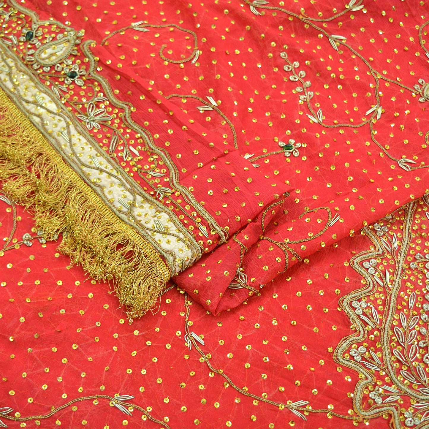 Indian Vintage Heavy Bridal Dupatta Red Pure Chiffon Silk Long Stole Hand Embroidered Hijab Scarf Zardozi/Dabka Zari 1980s Wedding Dupatta