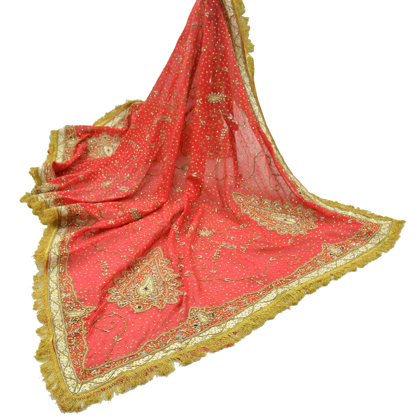 Indian Vintage Heavy Bridal Dupatta Red Pure Chiffon Silk Long Stole Hand Embroidered Hijab Scarf Zardozi/Dabka Zari 1980s Wedding Dupatta