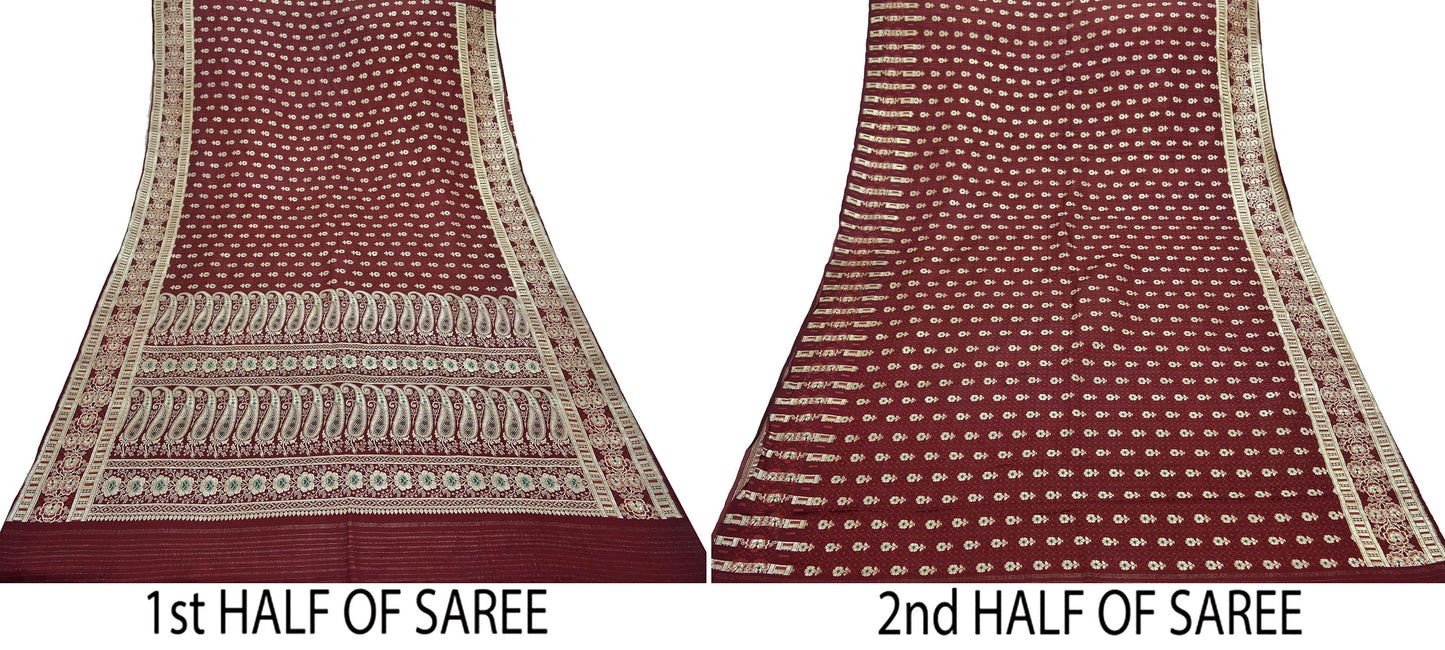 Indian Vintage Sari Maroon Heavy Wedding Pure Satin Silk Woven Brocade Banarasi Sarees Zari 5Yd Craft Fabric Dress Making Bridal Sari