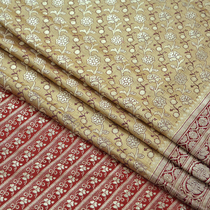 Indian Vintage Beige & Red Heavy Saree Pure Satin Silk Woven Brocade Banarasi Sari Fabric Zari Ethnic 5Yd Bridal Wedding Banarasi sari