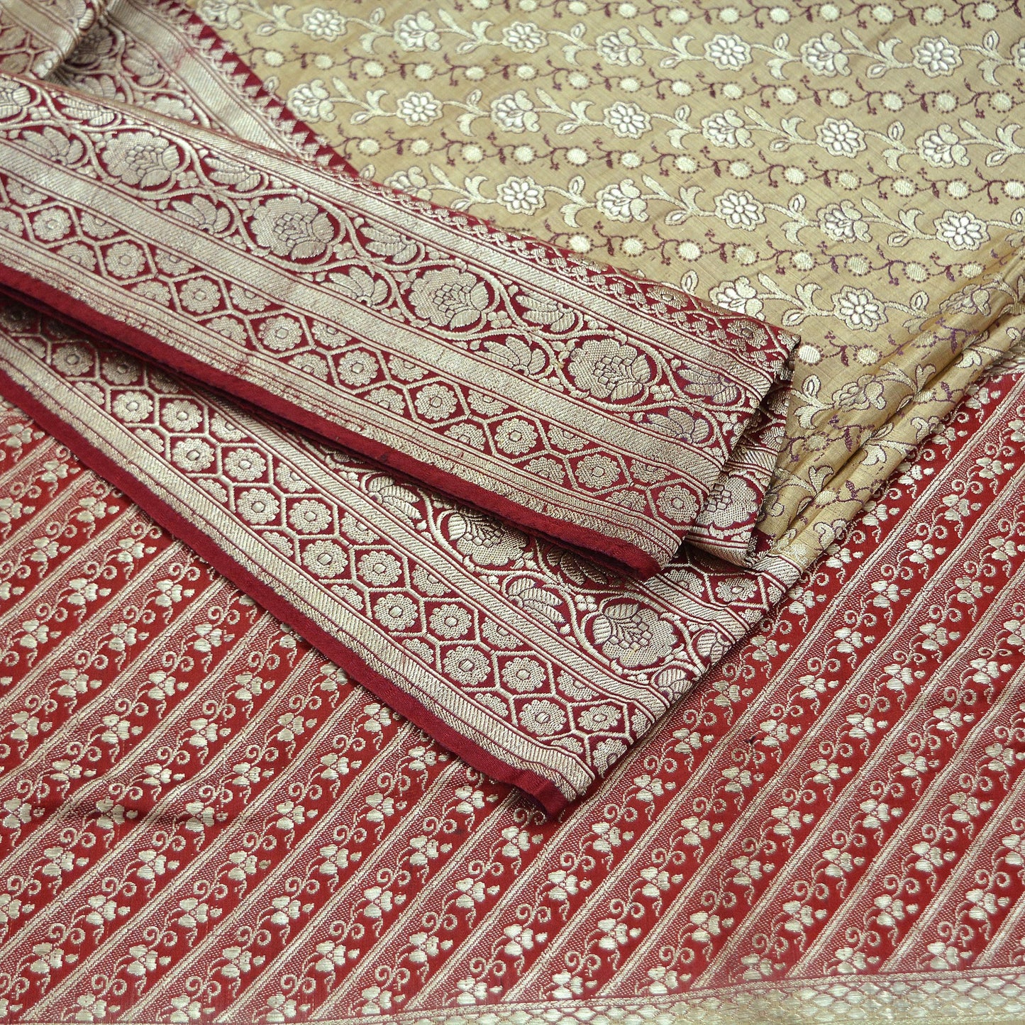 Indian Vintage Beige & Red Heavy Saree Pure Satin Silk Woven Brocade Banarasi Sari Fabric Zari Ethnic 5Yd Bridal Wedding Banarasi sari