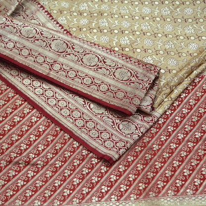 Indian Vintage Beige & Red Heavy Saree Pure Satin Silk Woven Brocade Banarasi Sari Fabric Zari Ethnic 5Yd Bridal Wedding Banarasi sari