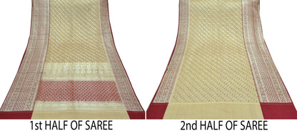 Indian Vintage Beige & Red Heavy Saree Pure Satin Silk Woven Brocade Banarasi Sari Fabric Zari Ethnic 5Yd Bridal Wedding Banarasi sari