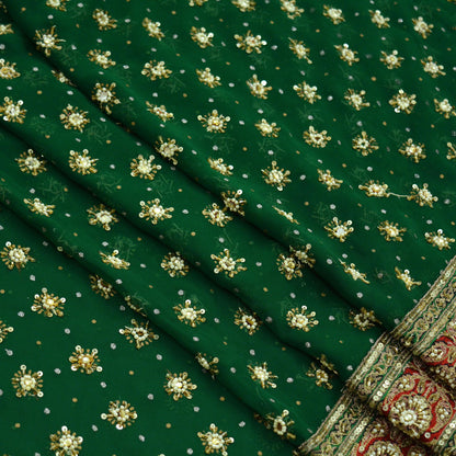 Indian Vintage Green Saree Pure Georgette Silk Hand Beaded Sari Craft Fabric 5Yd Sewing Zari Ethnic Bridal/Wedding Sarees Bollywood sari