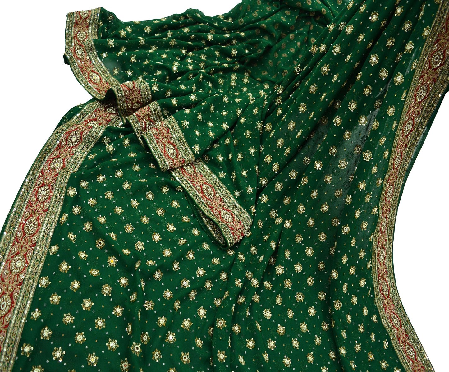 Indian Vintage Green Saree Pure Georgette Silk Hand Beaded Sari Craft Fabric 5Yd Sewing Zari Ethnic Bridal/Wedding Sarees Bollywood sari