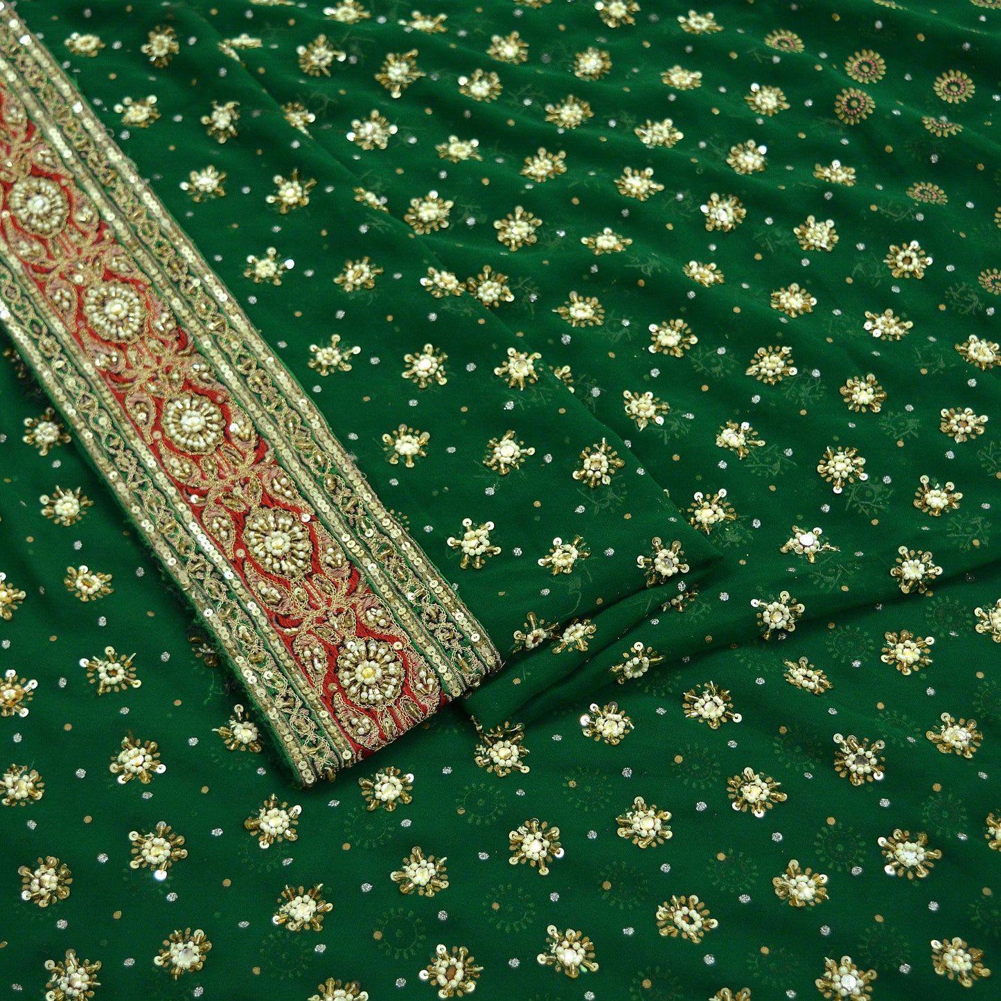 Indian Vintage Green Saree Pure Georgette Silk Hand Beaded Sari Craft Fabric 5Yd Sewing Zari Ethnic Bridal/Wedding Sarees Bollywood sari