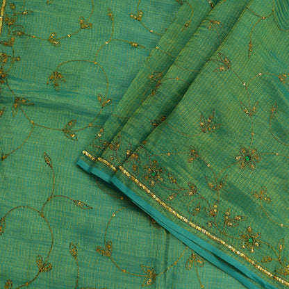 Indian Vintage Heavy Green Saree Pure Cotton Hand Embroidered Sari Craft Fabric 6yd Soft Zari Sequins Sewing Dress making Wedding Sari