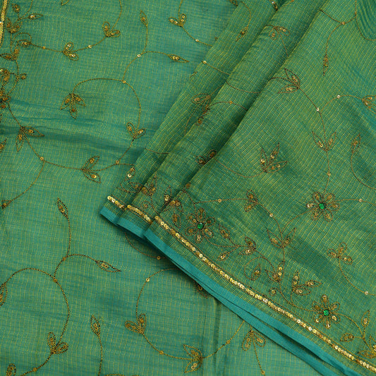 Indian Vintage Heavy Green Saree Pure Cotton Hand Embroidered Sari Craft Fabric 6yd Soft Zari Sequins Sewing Dress making Wedding Sari