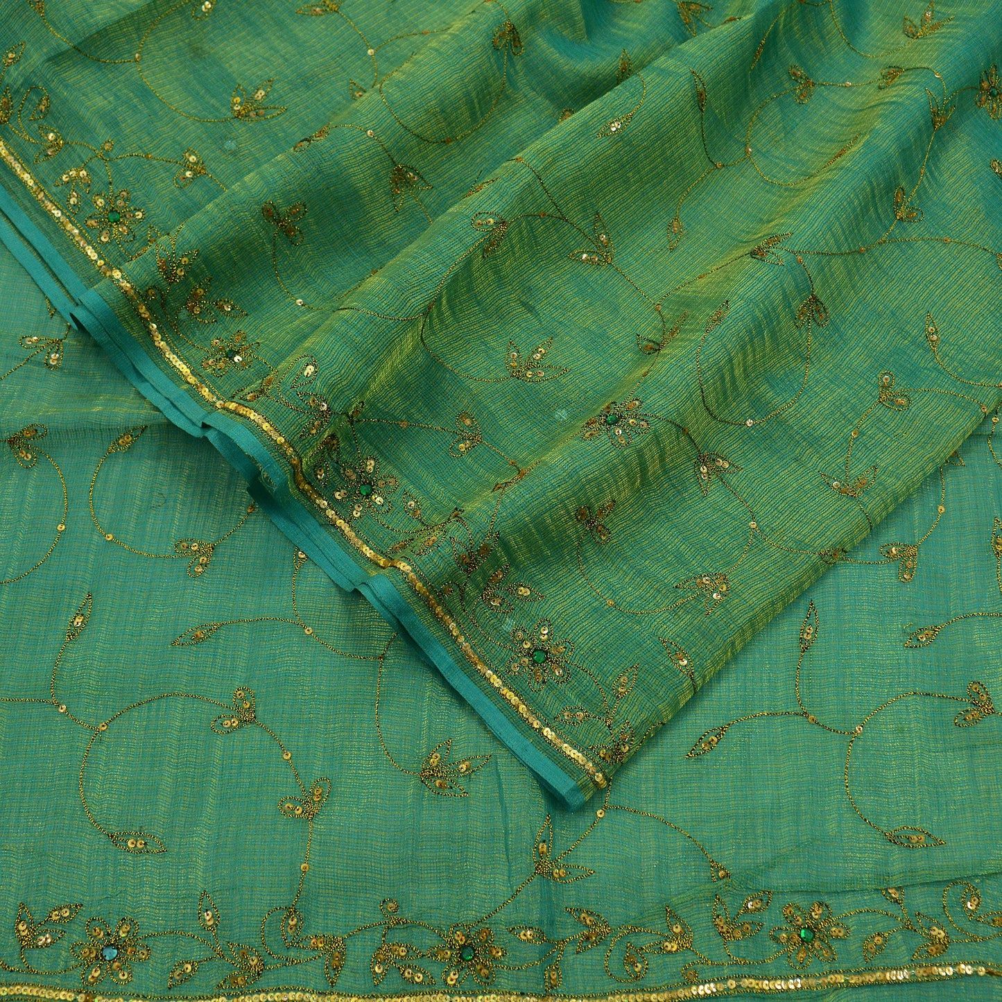 Indian Vintage Heavy Green Saree Pure Cotton Hand Embroidered Sari Craft Fabric 6yd Soft Zari Sequins Sewing Dress making Wedding Sari