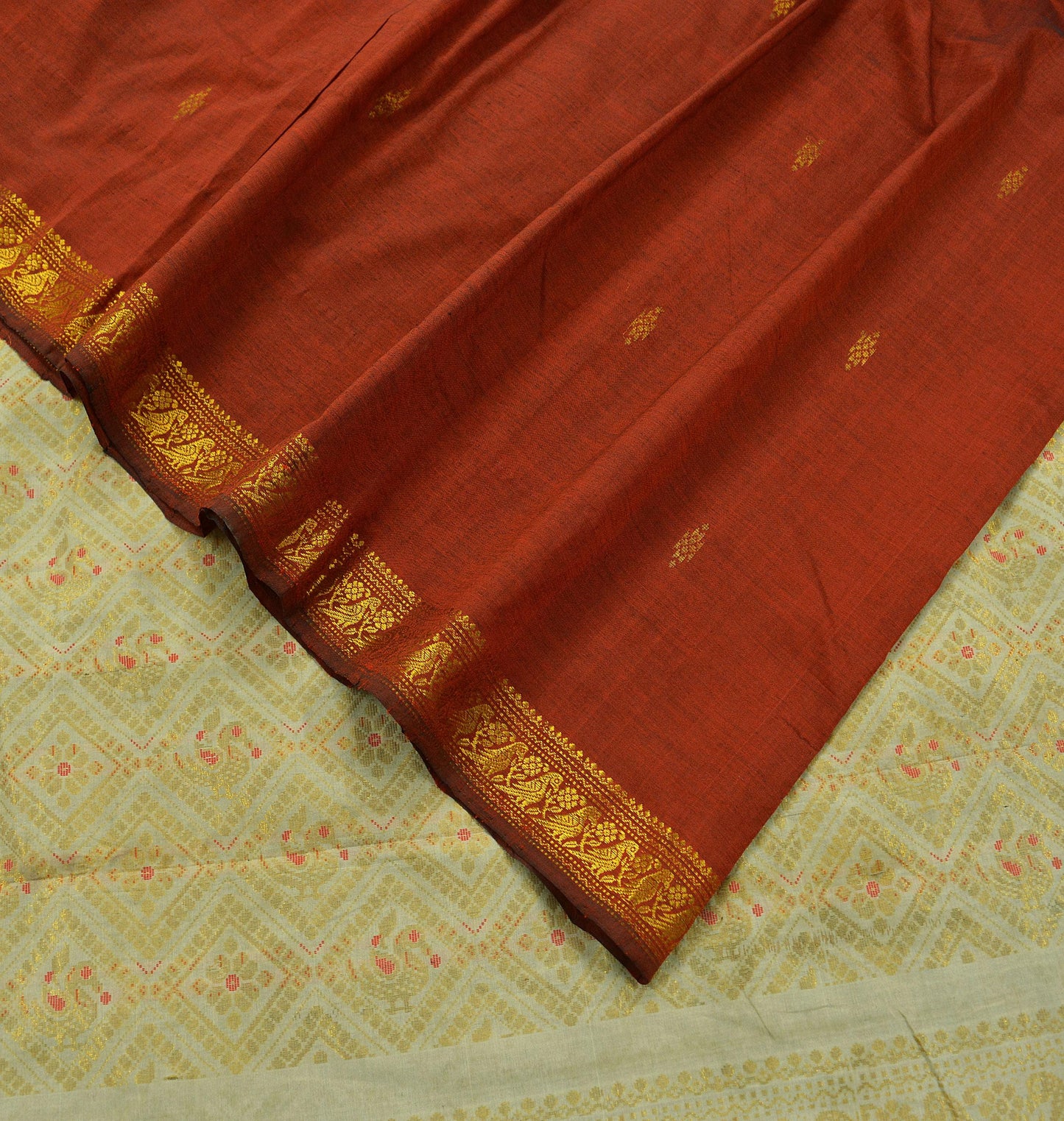 Indian Vintage Sari Rusty & Ivory Cotton Hand Woven Sarees Craft Fabric 5Yd Floral Soft Dress making Quilting Crafting Upcycle Zari