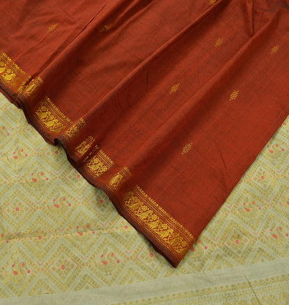Indian Vintage Sari Rusty & Ivory Cotton Hand Woven Sarees Craft Fabric 5Yd Floral Soft Dress making Quilting Crafting Upcycle Zari