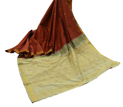 Indian Vintage Sari Rusty & Ivory Cotton Hand Woven Sarees Craft Fabric 5Yd Floral Soft Dress making Quilting Crafting Upcycle Zari