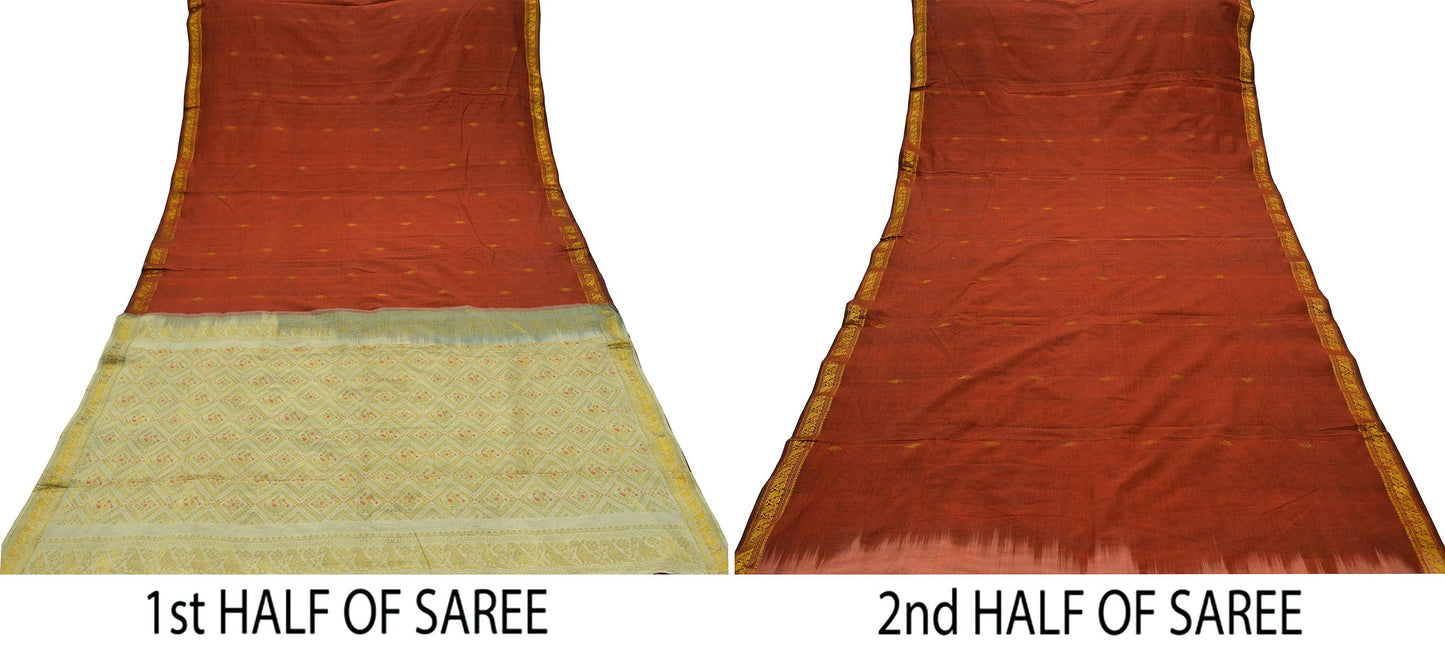 Indian Vintage Sari Rusty & Ivory Cotton Hand Woven Sarees Craft Fabric 5Yd Floral Soft Dress making Quilting Crafting Upcycle Zari