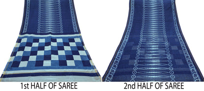 Indian Vintage Sari Blue Pure Chanderi Cotton Hand Block Printed Sarees 5Yd Craft Fabric Soft Sewing Sarong Dress Making Quilting Crafting