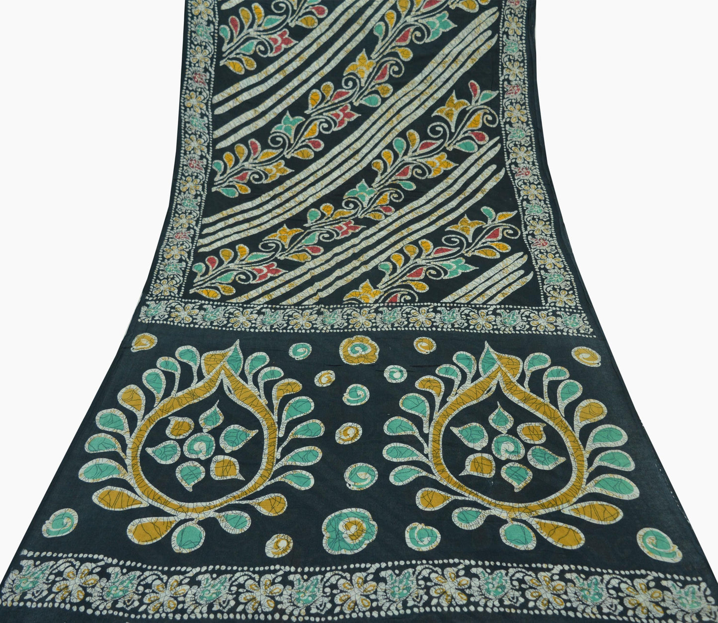 Indian Vintage Black Saree Batik Printed 100% Pure Cotton Indian Sari Craft Fabric 5Yd Soft Sewing Sarong Wrap Boho Quilting Upcycle