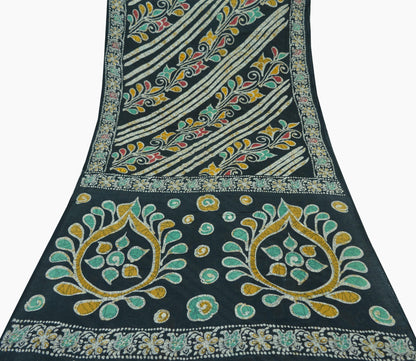 Indian Vintage Black Saree Batik Printed 100% Pure Cotton Indian Sari Craft Fabric 5Yd Soft Sewing Sarong Wrap Boho Quilting Upcycle