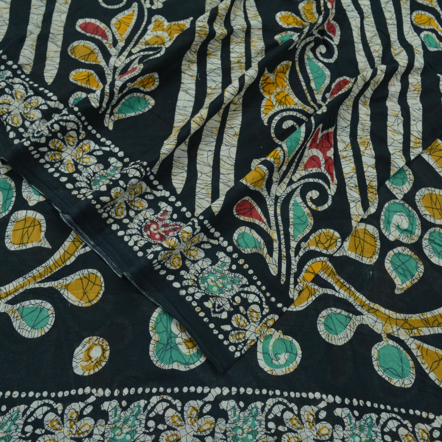 Indian Vintage Black Saree Batik Printed 100% Pure Cotton Indian Sari Craft Fabric 5Yd Soft Sewing Sarong Wrap Boho Quilting Upcycle