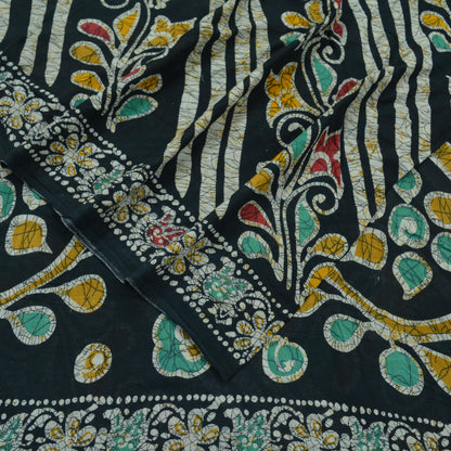Indian Vintage Black Saree Batik Printed 100% Pure Cotton Indian Sari Craft Fabric 5Yd Soft Sewing Sarong Wrap Boho Quilting Upcycle