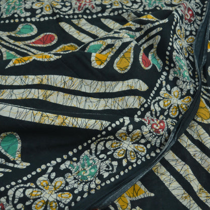 Indian Vintage Black Saree Batik Printed 100% Pure Cotton Indian Sari Craft Fabric 5Yd Soft Sewing Sarong Wrap Boho Quilting Upcycle