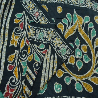 Indian Vintage Black Saree Batik Printed 100% Pure Cotton Indian Sari Craft Fabric 5Yd Soft Sewing Sarong Wrap Boho Quilting Upcycle