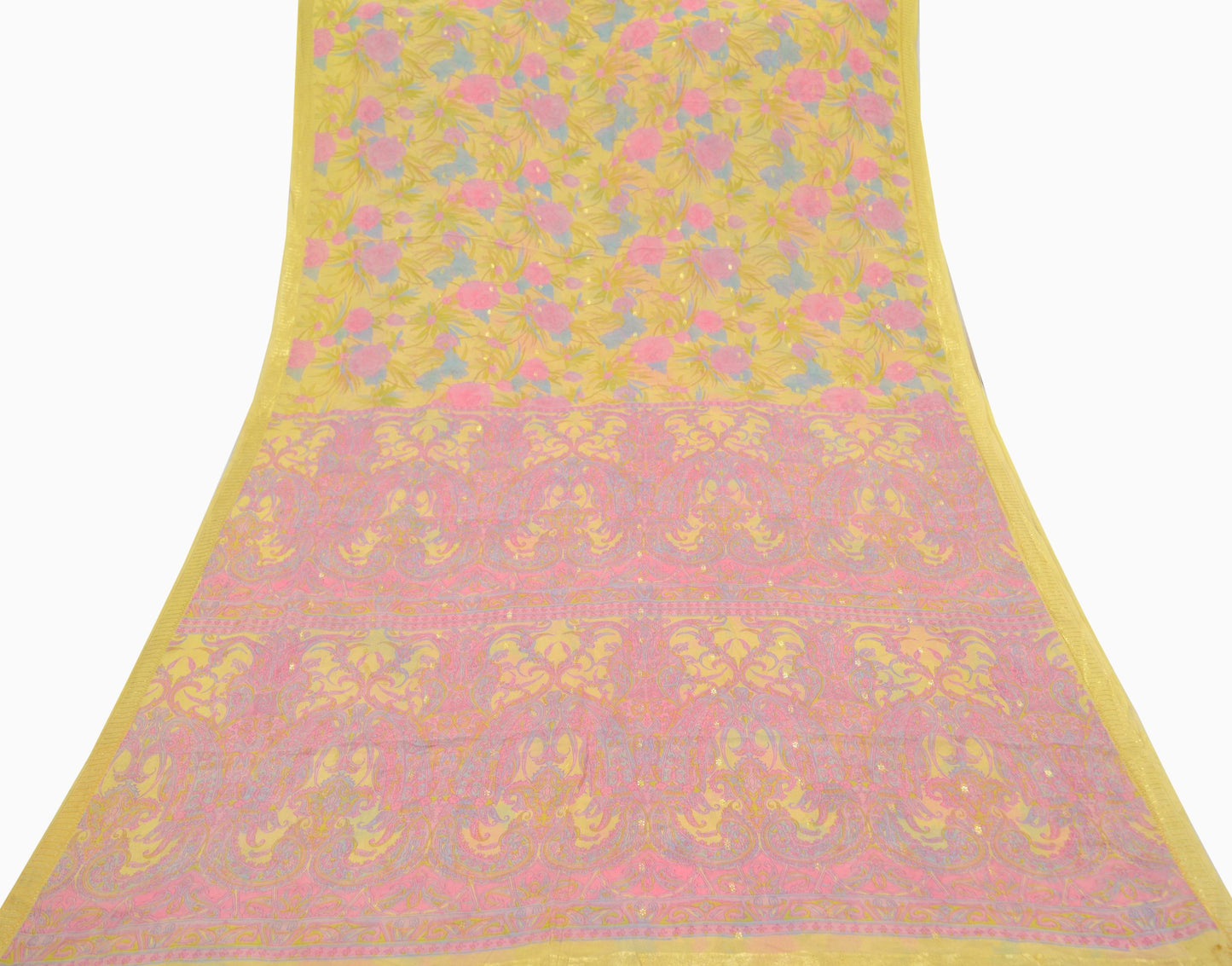 Indian Vintage Sari Yellow Pure Silk Printed Sarees 6yd Sewing Craft Fabric Dress Making Soft Zari Crafting Quilting Upcycle Paisley