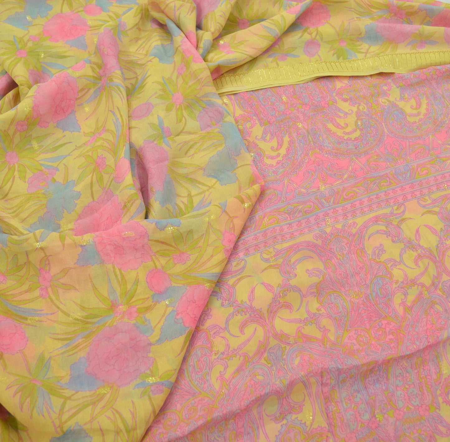 Indian Vintage Sari Yellow Pure Silk Printed Sarees 6yd Sewing Craft Fabric Dress Making Soft Zari Crafting Quilting Upcycle Paisley