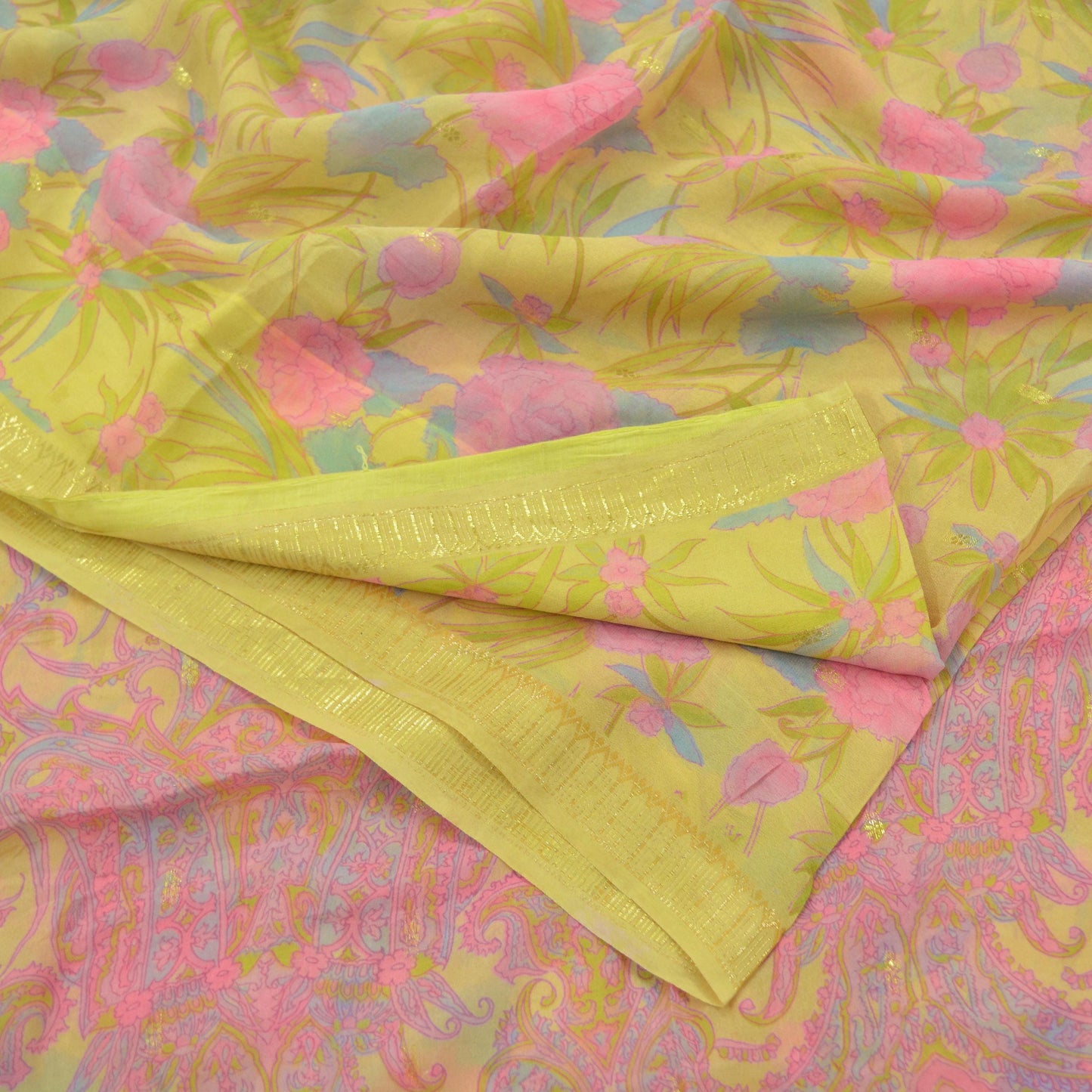 Indian Vintage Sari Yellow Pure Silk Printed Sarees 6yd Sewing Craft Fabric Dress Making Soft Zari Crafting Quilting Upcycle Paisley