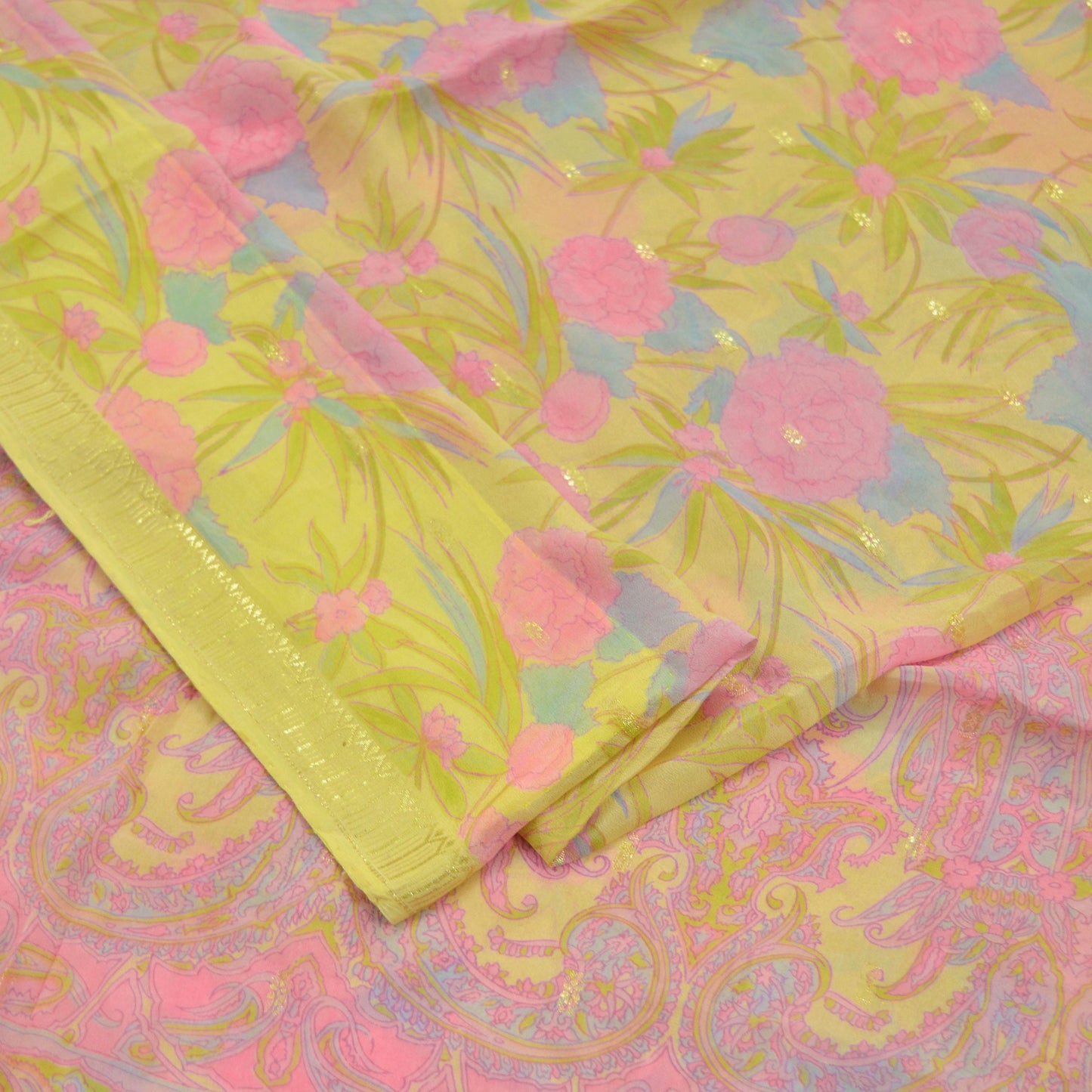 Indian Vintage Sari Yellow Pure Silk Printed Sarees 6yd Sewing Craft Fabric Dress Making Soft Zari Crafting Quilting Upcycle Paisley